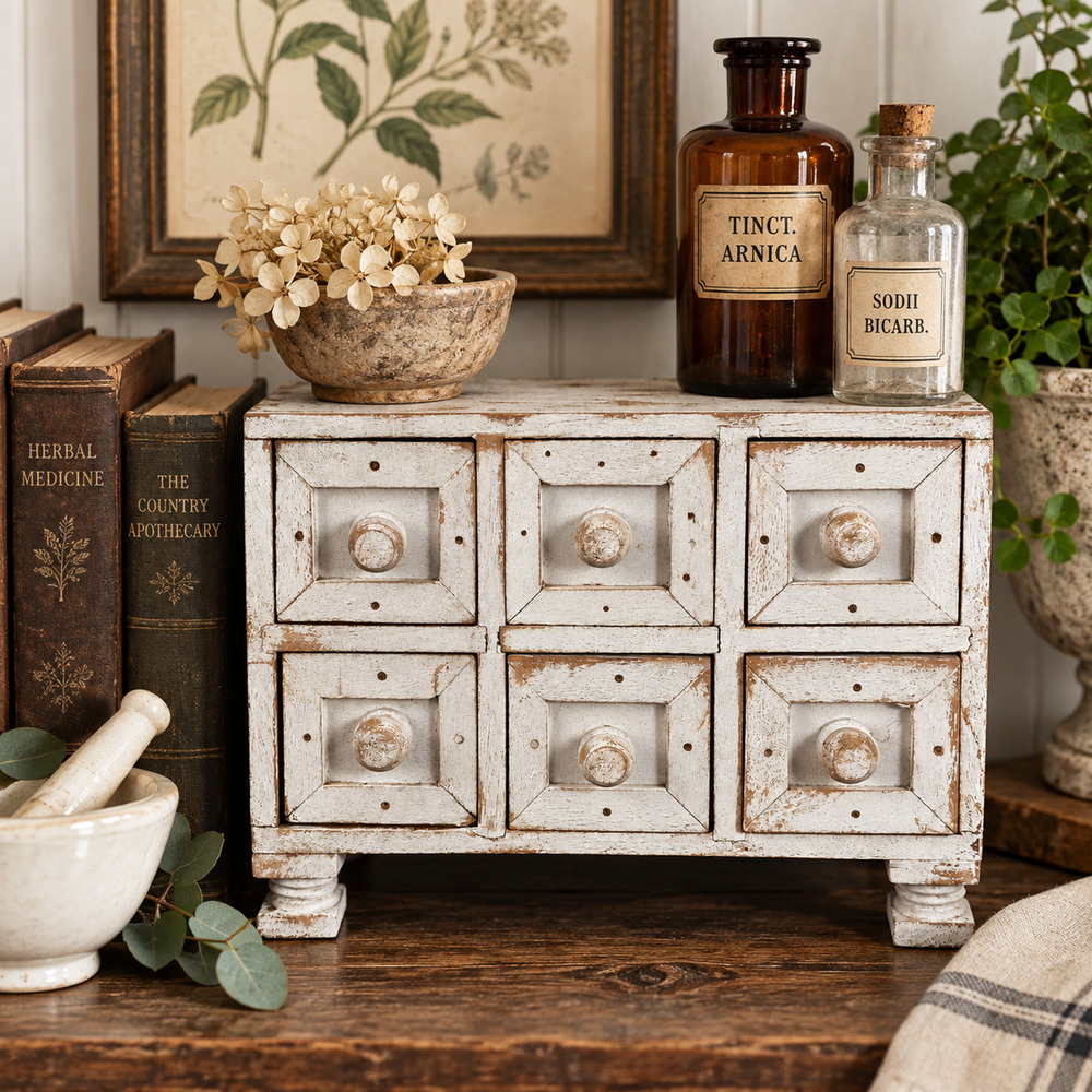 Antique Primitive Apothecary Cabinet Rustic 6 Drawer Folk Spice White Washed